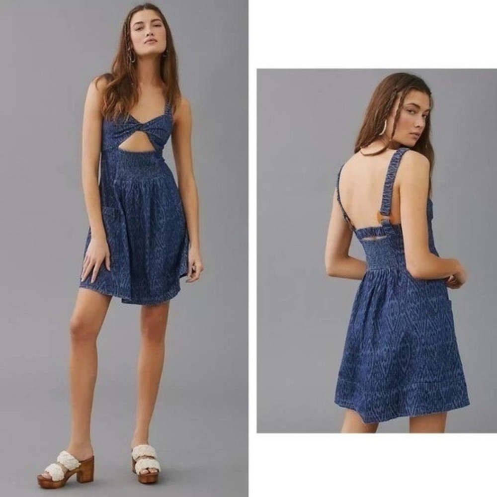 Pilcro Denim Cutout Mini Dress‎ Womens Large Blue Excellent Ikat Smocked Back